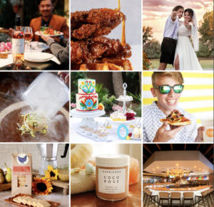 A collage of diverse commercial photography, featuring plated meals, restaurant settings, event photography, wedding celebrations, gourmet dishes, and product shots such as specialty food packaging and beauty items.